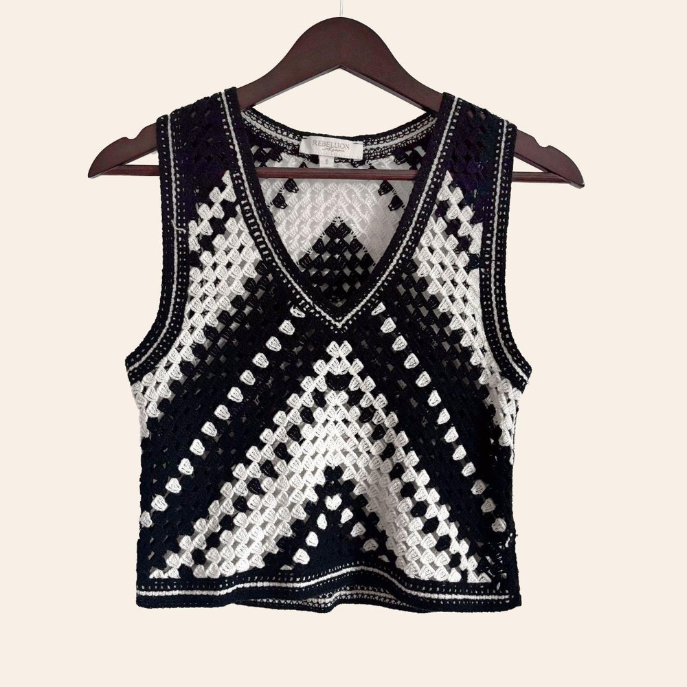 Rebellion Again Black & White Crochet Knit Vest